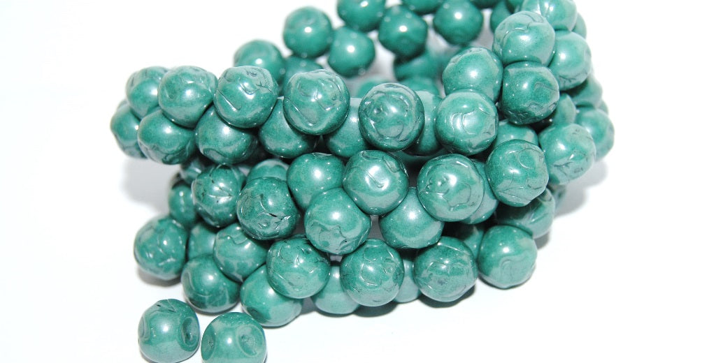 Round Pressed Glass Beads With Rose, Turquoise 14465 (63130 14465), Glass, Czech Republic