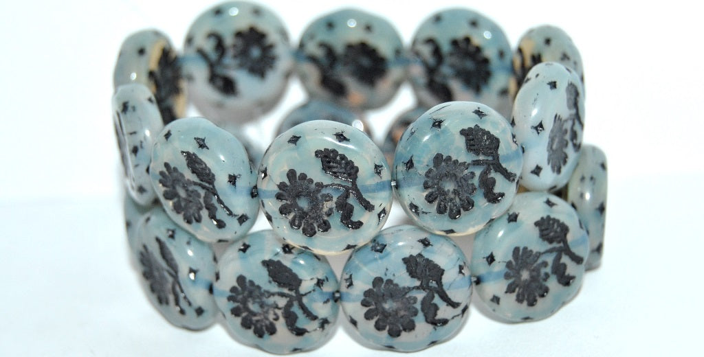 Round Flat With Flower Marguerite Pressed Glass Beads, (41000 46769), Glass, Czech Republic
