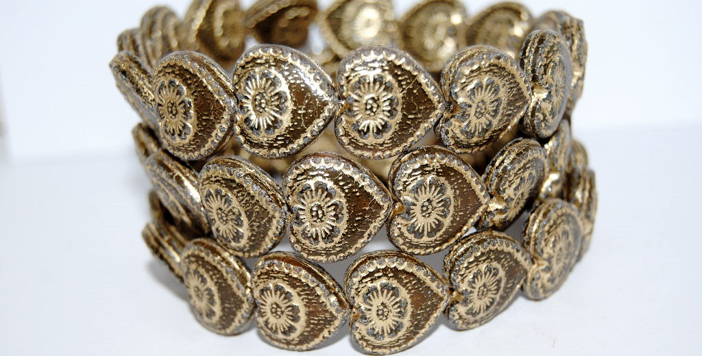 Heart With Flower Pressed Glass Beads, (16617 54202), Glass, Czech Republic