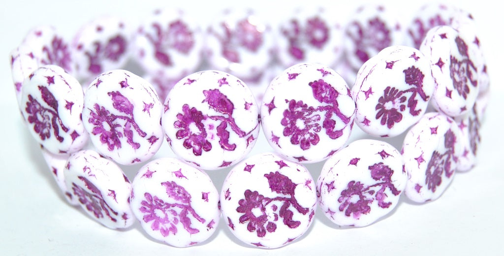Round Flat With Flower Marguerite Pressed Glass Beads, Chalk White 54321 (3000 54321), Glass, Czech Republic