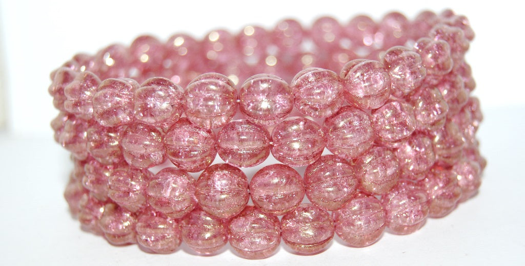 Melon Round Pressed Glass Beads With Stripes, Luster Red Full Coated Crack (14495 Crack), Glass, Czech Republic