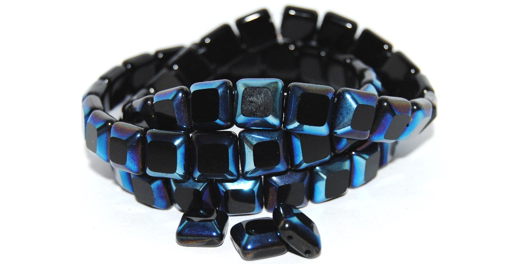 Table Cut 2-Hole Square Beads, Gray Sfinx Black Ab (12 23980 Ab), Glass, Czech Republic