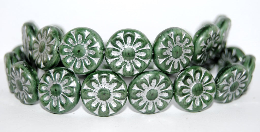 Flat Round With Flower Pressed Glass Beads, (56100 54201), Glass, Czech Republic