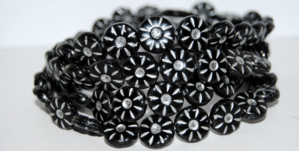 Flower Pressed Glass Beads, Black 54201 (23980 54201), Glass, Czech Republic