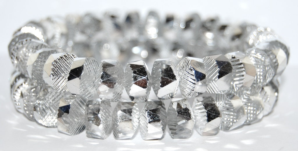 Faceted Cathedral Fire Polished Glass Beads, Crystal Silver Half Coating (27001), Glass, Czech Republic