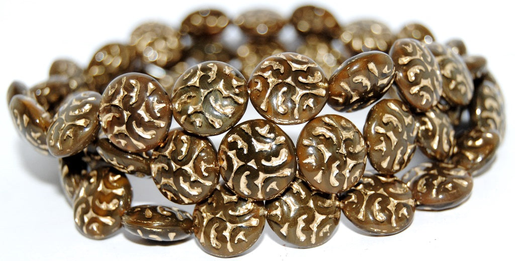 Lentil Round With Ornament Brain Pressed Glass Beads, (16617 54202), Glass, Czech Republic