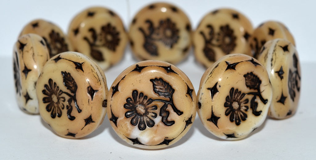 Round Flat With Flower Marguerite Pressed Glass Beads, Dark Beige 23202 (7193 23202), Glass, Czech Republic