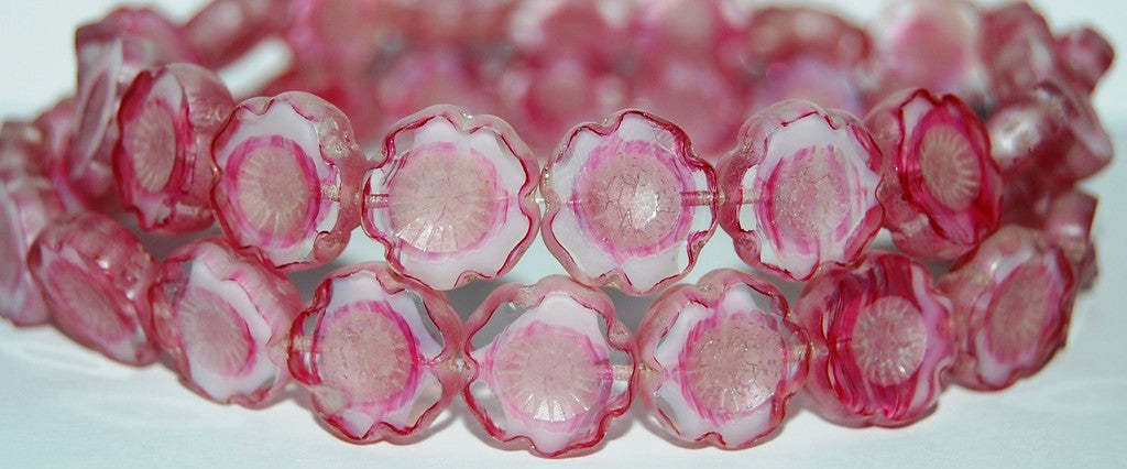 Table Cut Round Beads Hawaii Flowers, 75014 Luster Cream (75014 14401), Glass, Czech Republic