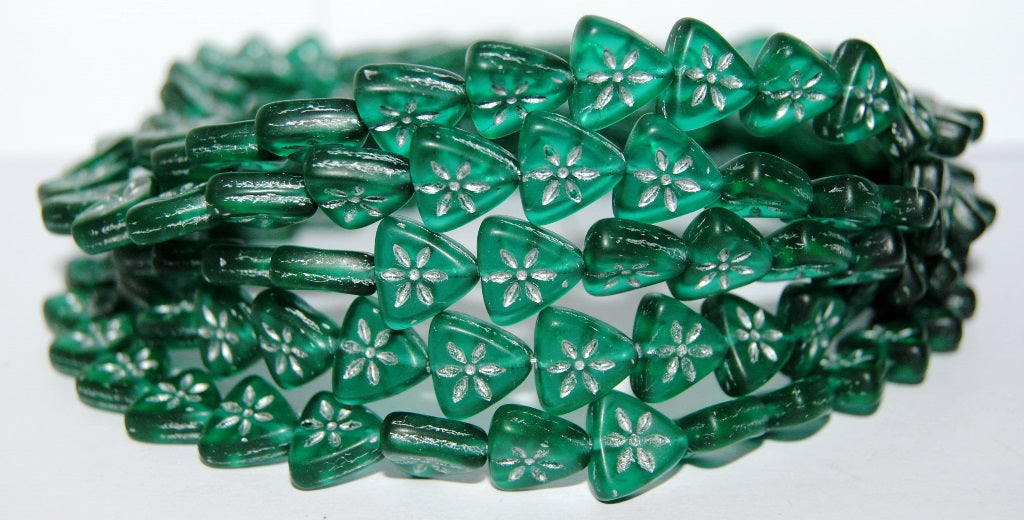 Triangle Flat Wit Flower Pressed Glass Beads, Transparent Green Emerald 54201M (50710 54201M), Glass, Czech Republic