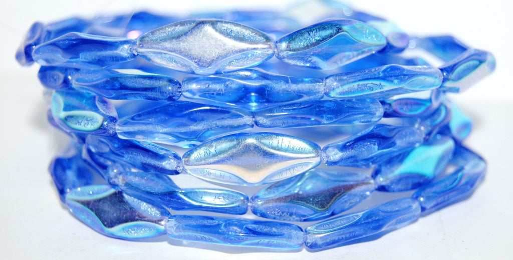 Faceted Oval With Star Pressed Glass Beads, Transparent Blue Ab (30030 Ab), Glass, Czech Republic