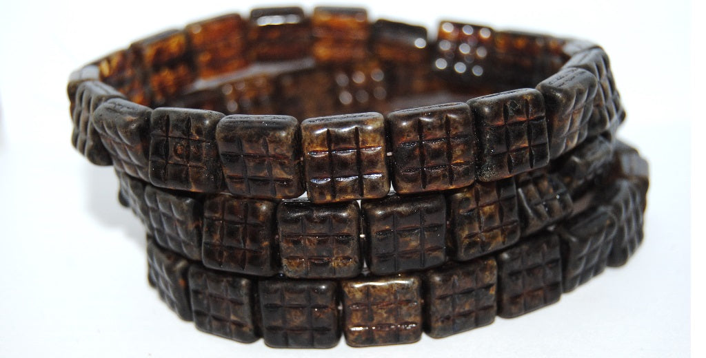 Square With 9 Squares Pressed Glass Beads, Opal Orange Stain Strong (11000 86805), Glass, Czech Republic