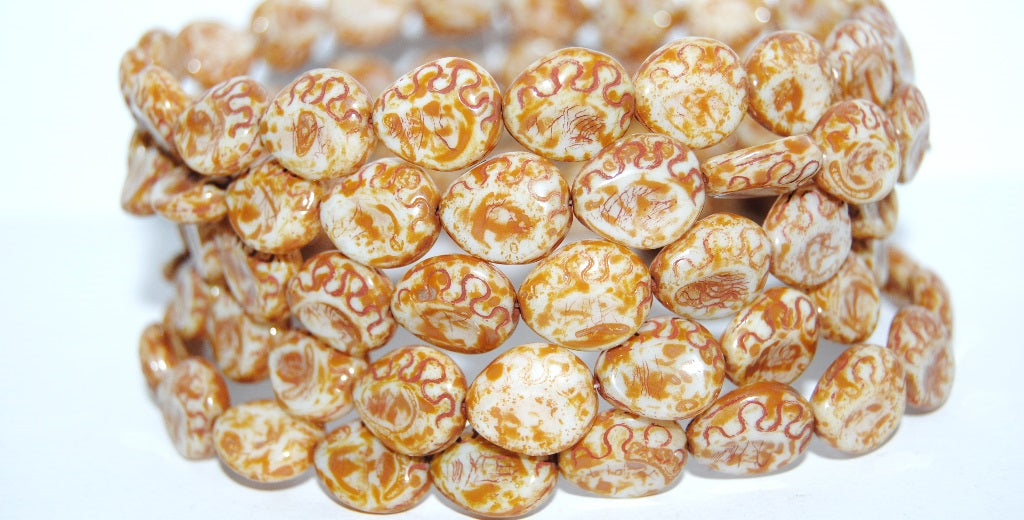 Tear Oval Pressed Glass Beads, White Travertin (2010 86800), Glass, Czech Republic