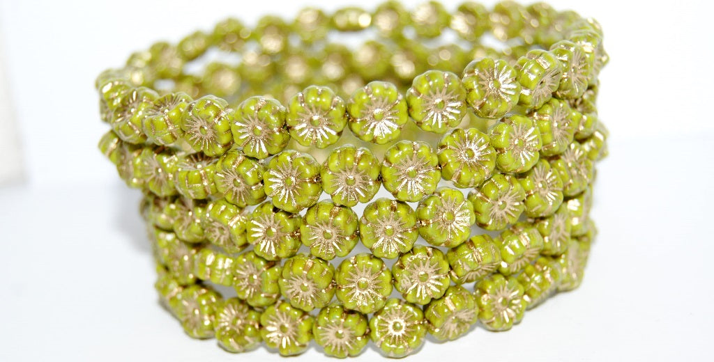 Hawaii Flower Pressed Glass Beads, Opaque Green 54202 (53400 54202), Glass, Czech Republic