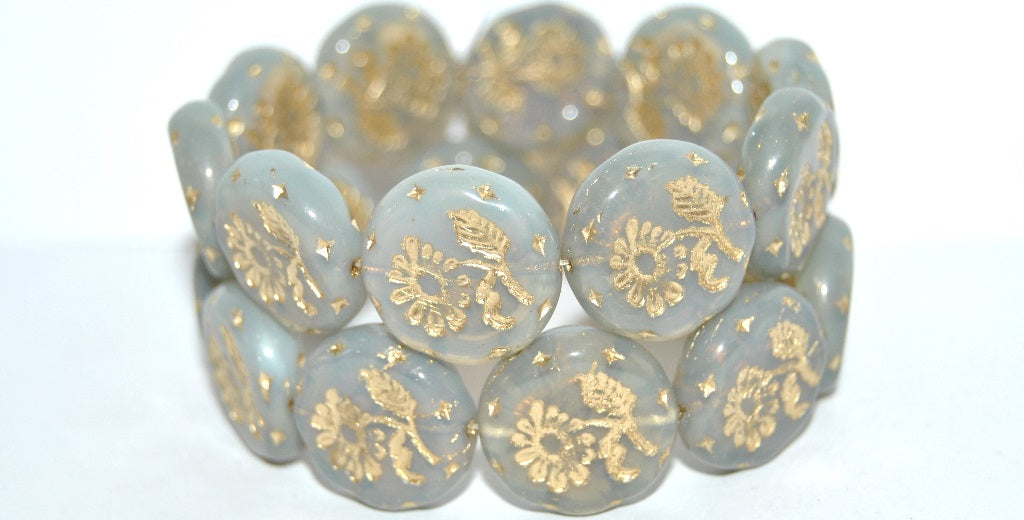 Round Flat With Flower Marguerite Pressed Glass Beads, (41000 54202), Glass, Czech Republic