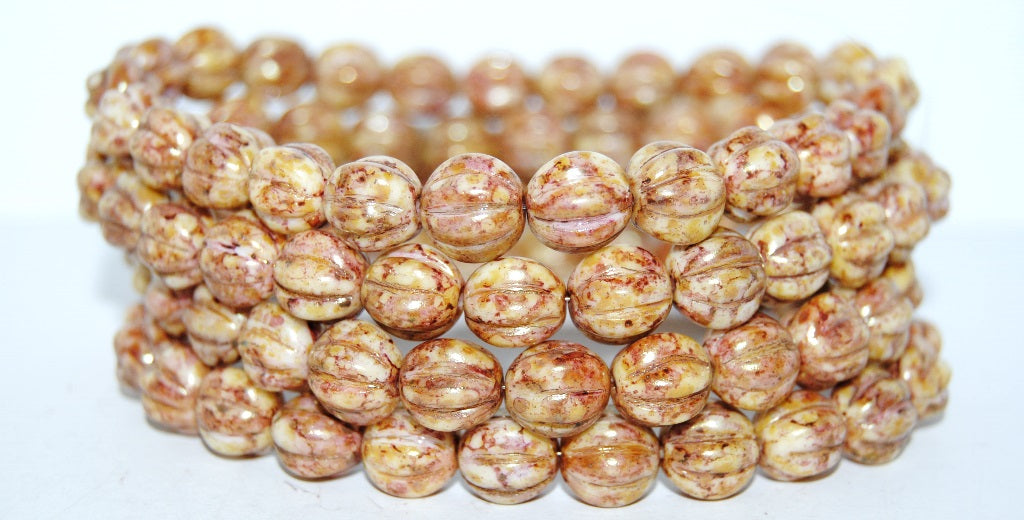 Melon Round Pressed Glass Beads With Stripes, Chalk White Senegal Red (3000 15675), Glass, Czech Republic