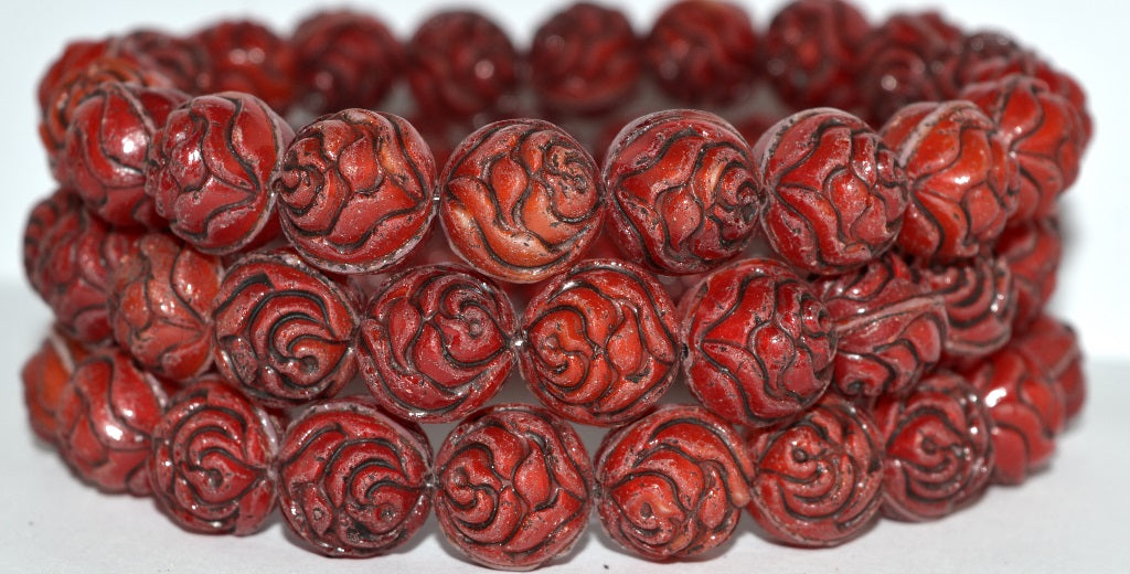 Round Rose Pressed Glass Beads, Coral 23202 (7913 23202), Glass, Czech Republic