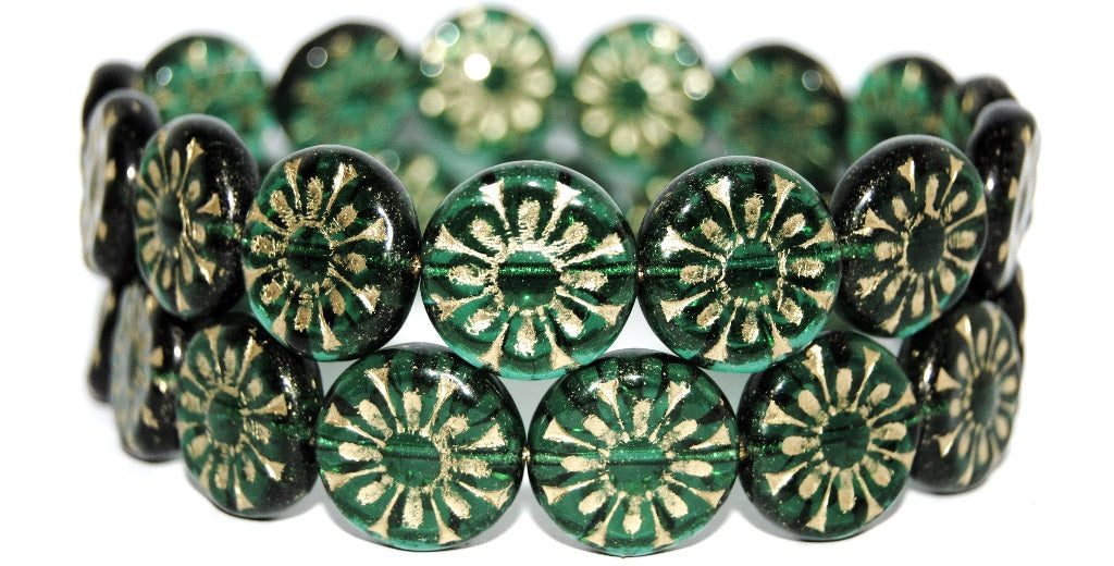 Flat Round With Flower Pressed Glass Beads, Transparent Green Emerald 54202 (50720 54202), Glass, Czech Republic