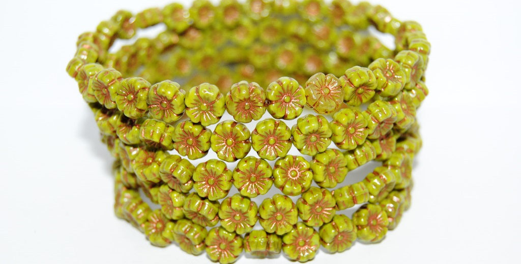 Hawaii Flower Pressed Glass Beads, Opaque Green 55307 (53400 55307), Glass, Czech Republic