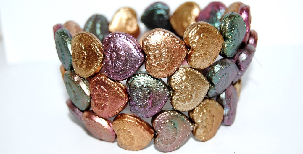 Heart With Flower Pressed Glass Beads, Mix Of Metallic Colours Dyed (1640), Glass, Czech Republic