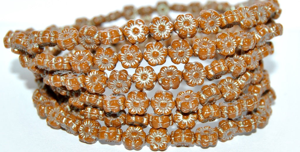 Hawaii Flower Pressed Glass Beads, Opaque Brown 43801 Metalic (13610 43801 Metalic), Glass, Czech Republic