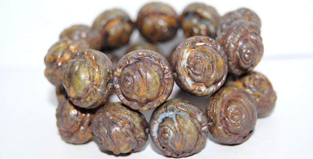 Round With Rose Flower Pressed Glass Beads, Chalk White Senegal Blue Antiq (3000 15664 Antiq), Glass, Czech Republic