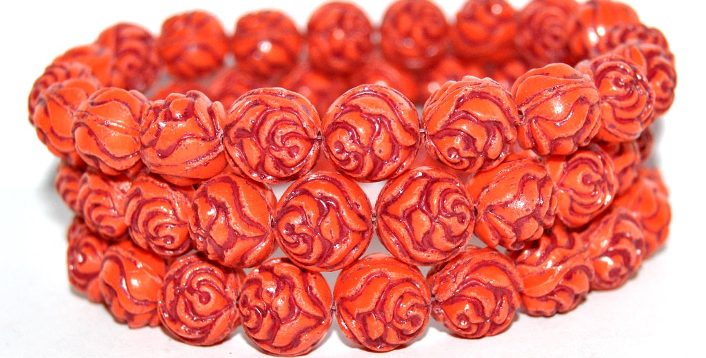 Round Rose Pressed Glass Beads, Deep Orange 46490 (93140 46490), Glass, Czech Republic