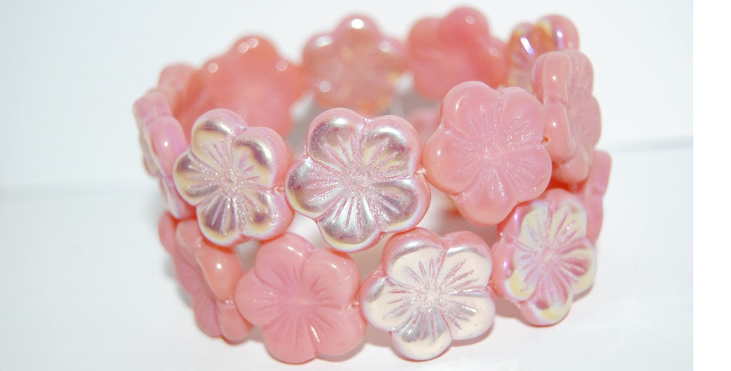 Round Flower Hibiskus Pressed Glass Beads, Opal Pink Ab (71010 Ab), Glass, Czech Republic