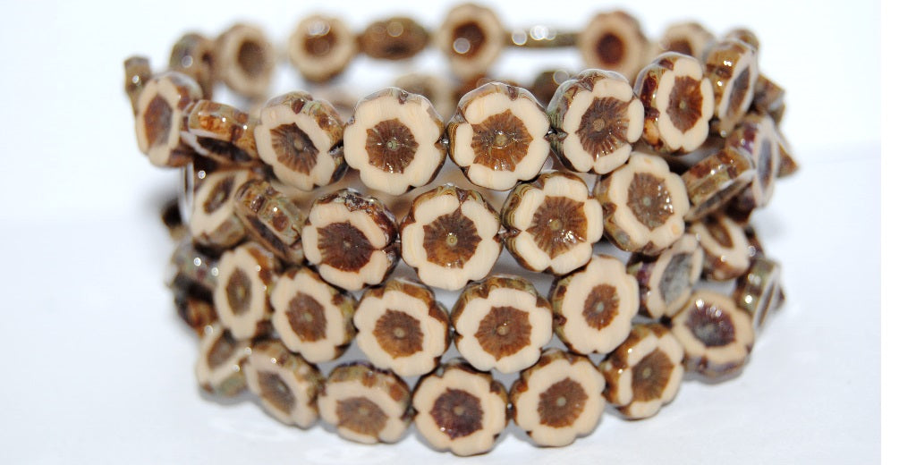Table Cut Round Beads Hawaii Flowers, Beige 43400 (13020 43400), Glass, Czech Republic