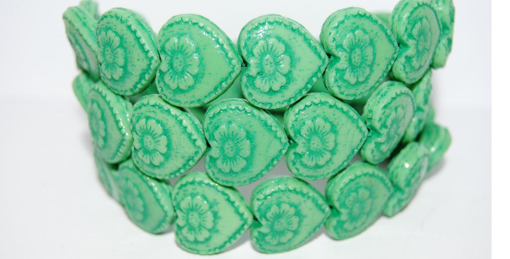 Heart With Flower Pressed Glass Beads, Opaque Green 46450 (53300 46450), Glass, Czech Republic
