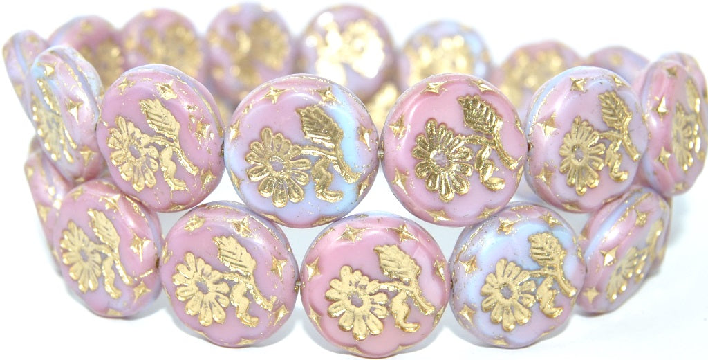 Round Flat With Flower Marguerite Pressed Glass Beads, Opaque Lilac Blue 54202 (37714 54202), Glass, Czech Republic