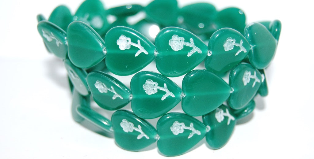 Heart Pressed Glass Beads With Flower, (52040 46401), Glass, Czech Republic