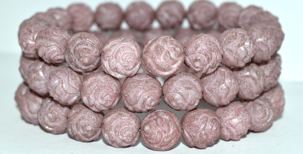 Round Rose Pressed Glass Beads, Luster Violet Full Coated Antiq (14496 Antiq), Glass, Czech Republic