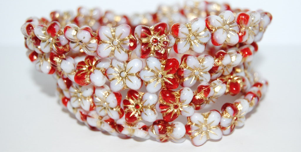 Flower Pressed Glass Beads, (Red White 54202), Glass, Czech Republic