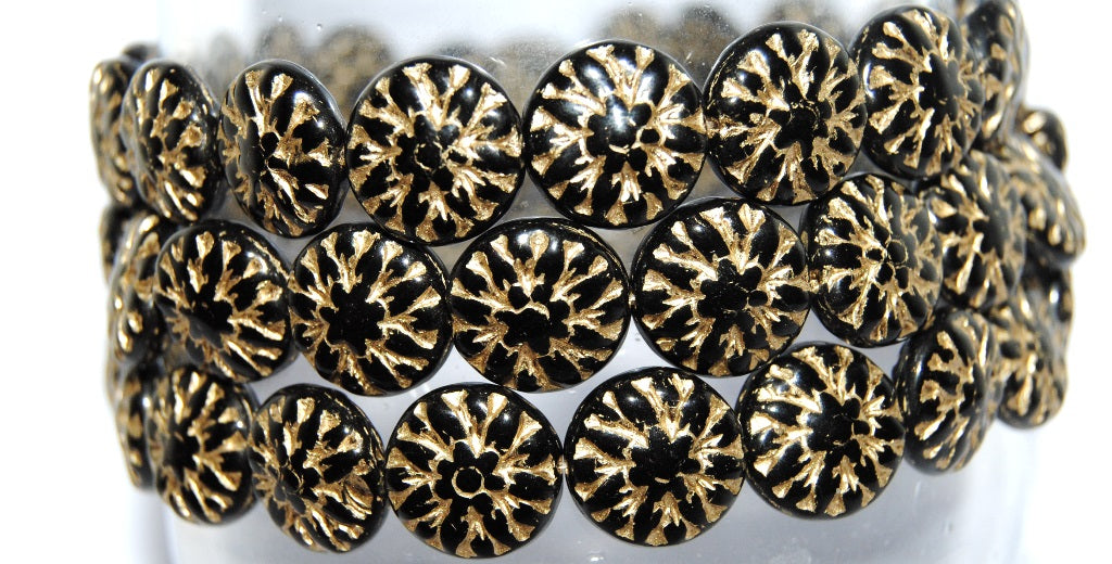 Round Flower Edelweiss Pressed Glass Beads, Black 54202 (23980 54202), Glass, Czech Republic