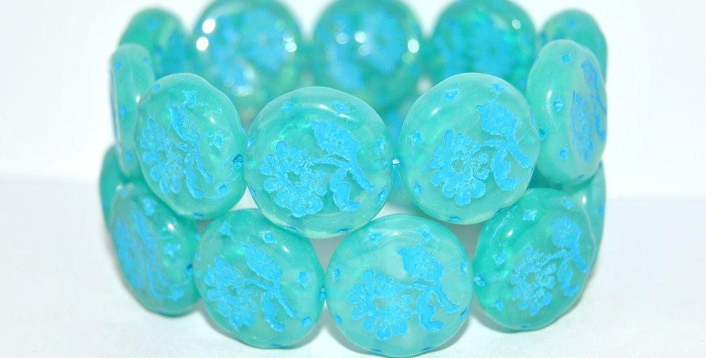 Round Flat With Flower Marguerite Pressed Glass Beads, Opal Aqua 46460 (61100 46460), Glass, Czech Republic