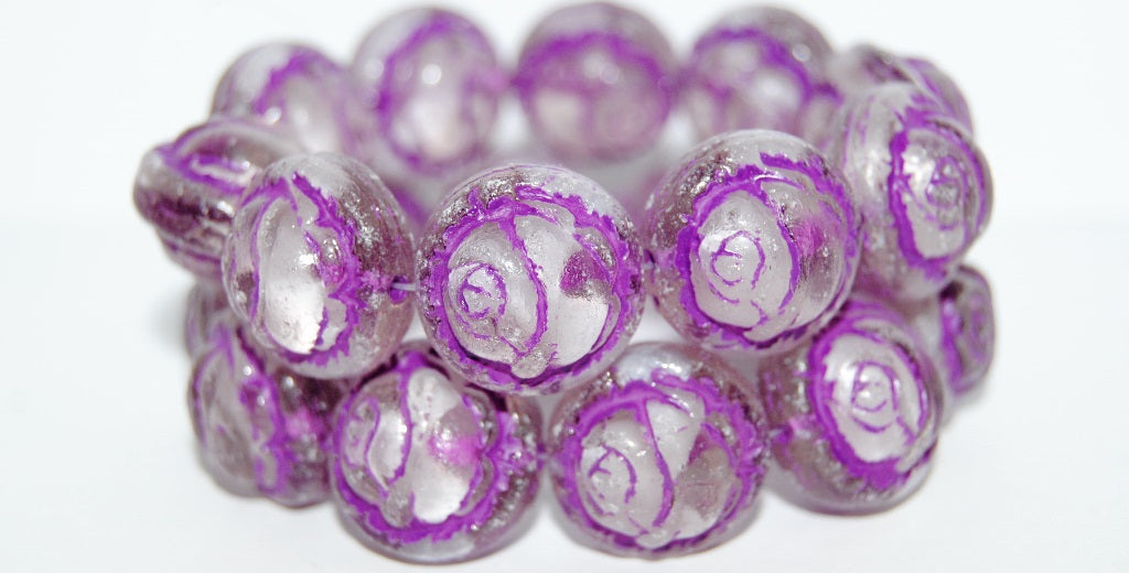 Round With Rose Flower Pressed Glass Beads, (6208 46420 Antiq), Glass, Czech Republic