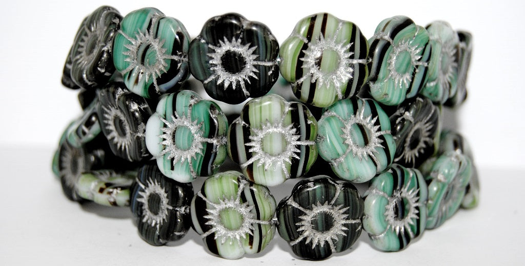 Round Flat Flower Pressed Glass Beads, Green Mixed Colors 54201 (Green Mix 54201), Glass, Czech Republic