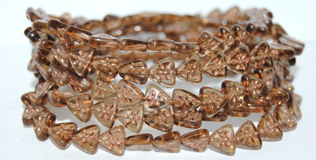 Triangle Flat Wit Flower Pressed Glass Beads, Transparent Brown 54200 (10200 54200), Glass, Czech Republic