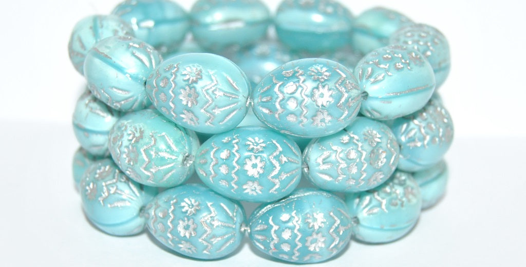 Oval Egg With Decor Pressed Glass Beads, Opal Aqua 54201 (61300 54201), Glass, Czech Republic