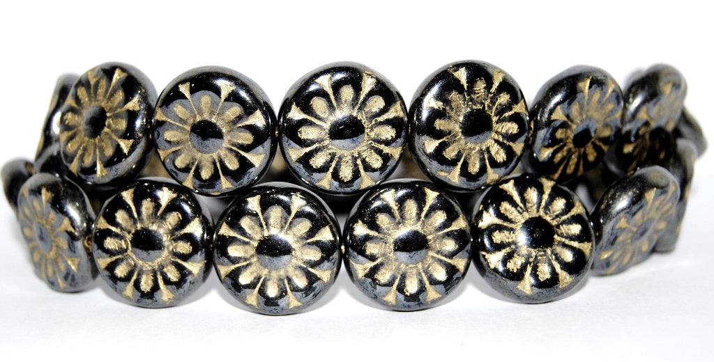 Flat Round With Flower Pressed Glass Beads, Black 14454202 (23980 14454202), Glass, Czech Republic