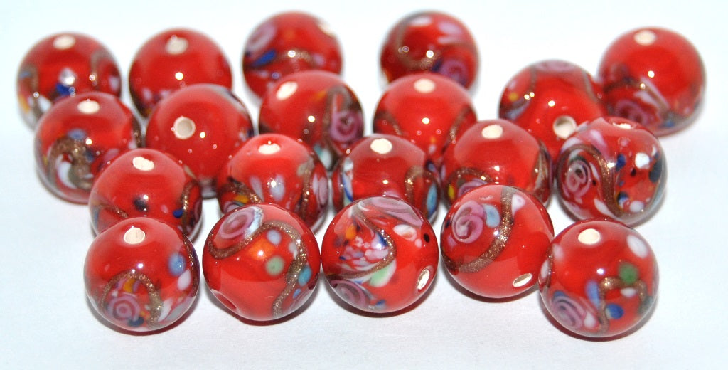 Czech Glass Hand Made Round Lampwork Beads With Flower And Aventurine, (A), Glass, Czech Republic
