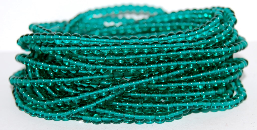 Round Pressed Glass Beads Druck, Transparent Green Emerald (50710), Glass, Czech Republic