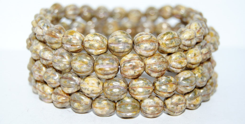 Melon Round Pressed Glass Beads With Stripes, Chalk White Senegal Copper (3000 15635), Glass, Czech Republic