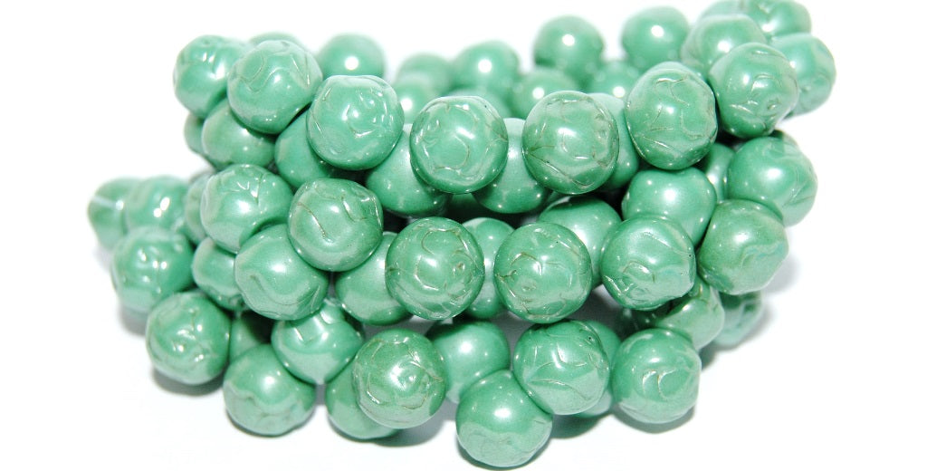 Round Pressed Glass Beads With Rose, Turquoise Luster Green Full Coated (63130 14457), Glass, Czech Republic