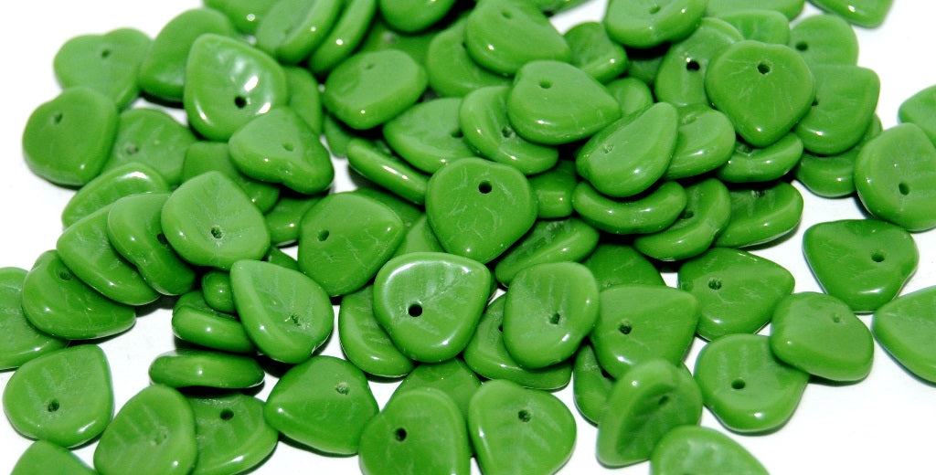 Lilac Leaf Pressed Glass Beads, Opaque Green (53320), Glass, Czech Republic