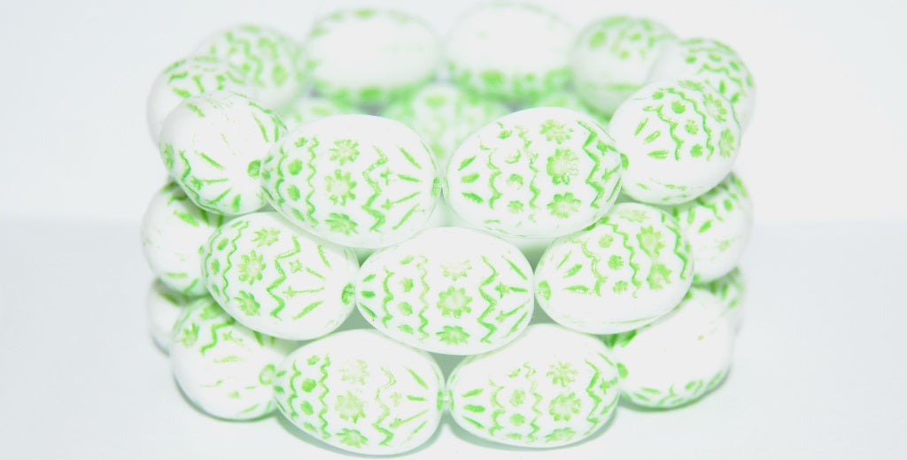 Oval Egg With Decor Pressed Glass Beads, White 43813 (2010 43813), Glass, Czech Republic