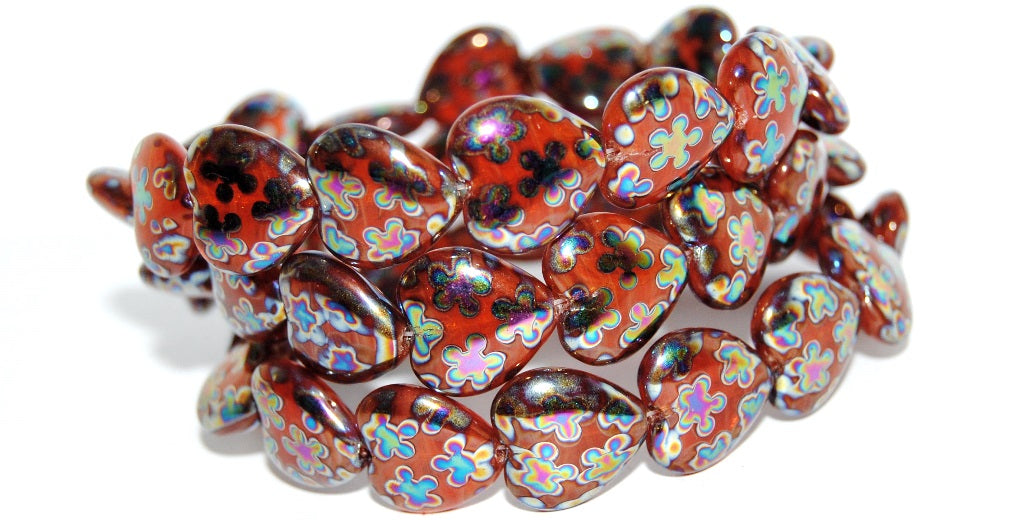 Heart Pressed Glass Beads, (Orange Opal Flower Vitrum 2Xside), Glass, Czech Republic