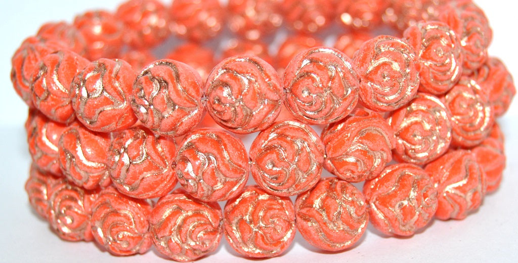 Round Rose Pressed Glass Beads, Deep Orange 54200 (93140 54200), Glass, Czech Republic