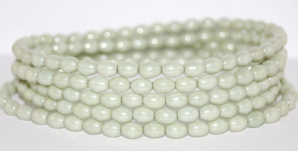 Olive Oval Pressed Glass Beads, Luster Green Full Coated (14457), Glass, Czech Republic