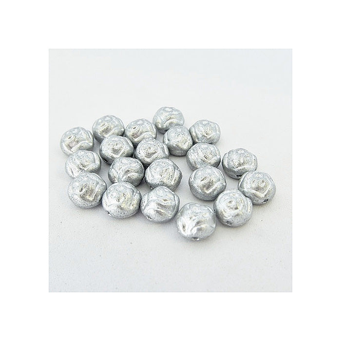 PRECIOSA Candy Rose beads 2-hole round glass cabochon with 3D rose flower Silver Matt Glass Czech Republic